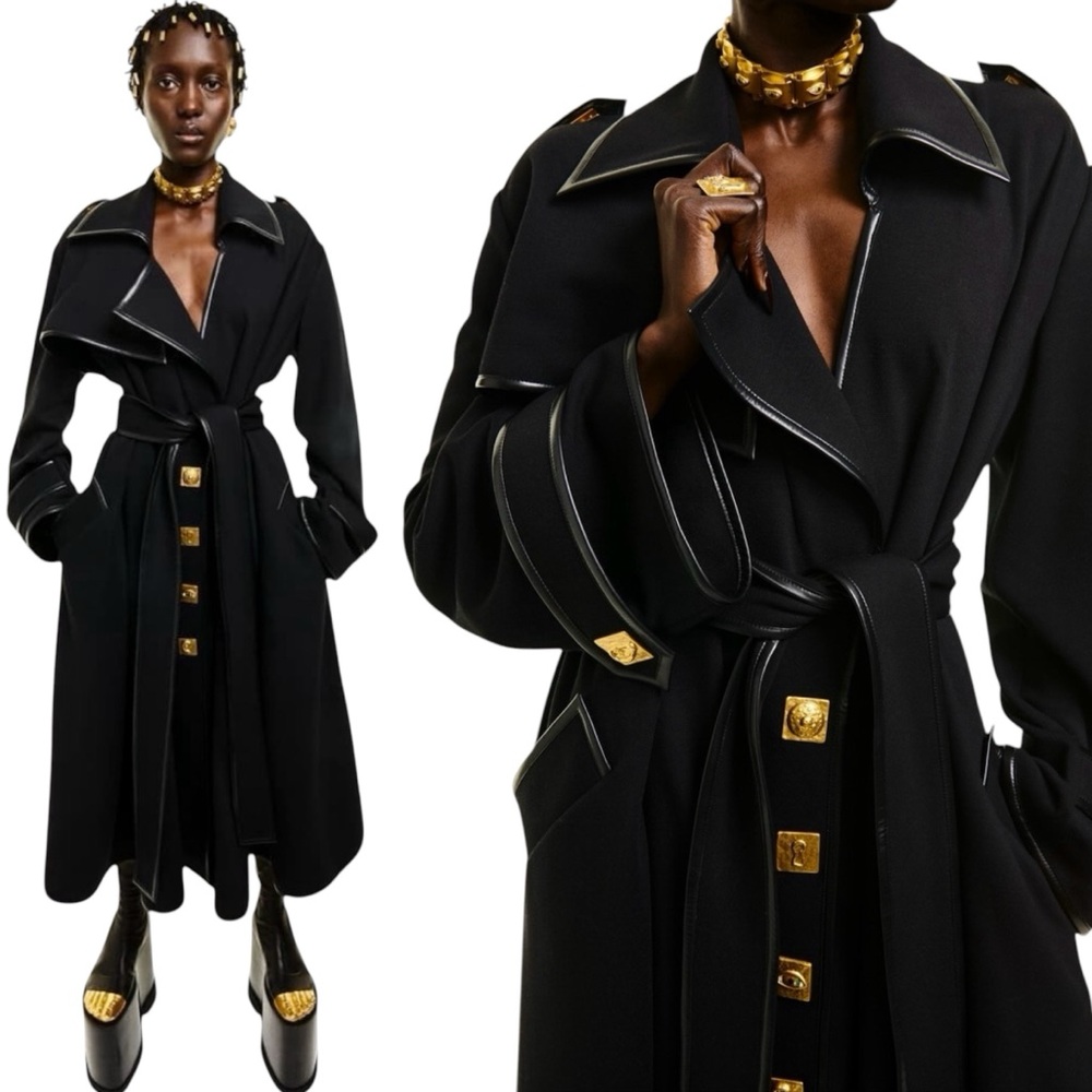 SCHIAPARELLI BLACK TRENCH COAT WITH LEATHER TRIM AND EMBELLISHED BUTTONS SIZE S